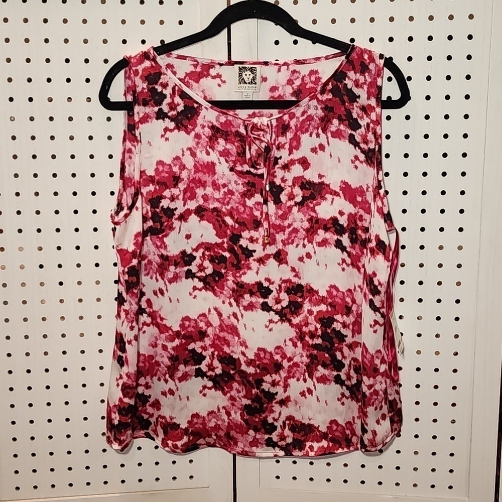 Anne Klein Size 12 NEW Sleeveless Split Neck with Tie Blouse Pink Floral NWT